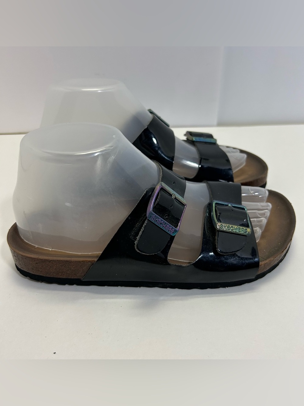 Skechers Granola Gloss Luxe Foam Sandals Slides size 7 black iridescent